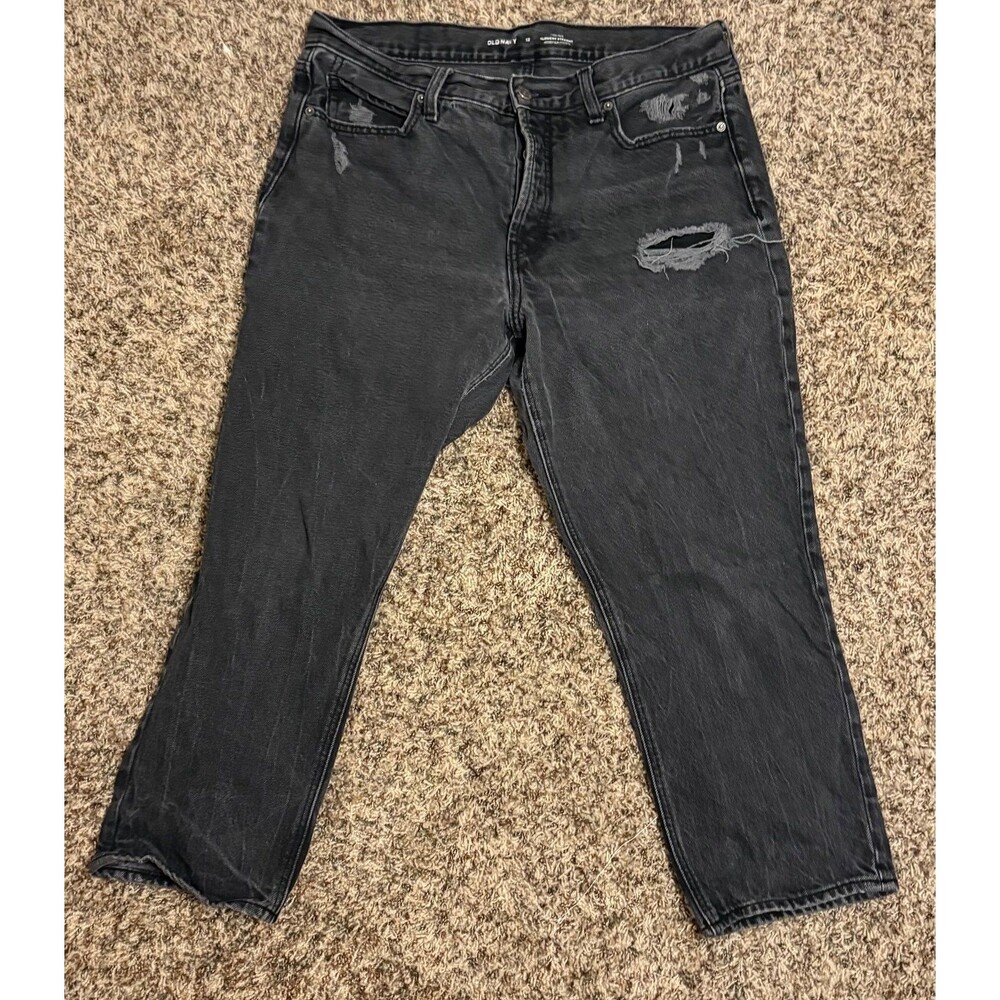 Distressed Black Gray Old Navy Slouchy Straight Jeans High Rise Size 12